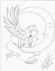Size: 1700x2191 | Tagged: safe, artist:fizzyrox, derpibooru import, princess luna, alicorn, pony, female, hoof shoes, impossibly large wings, large wings, lineart, mare, monochrome, peytral, signature, solo, tangible heavenly object, traditional art, transparent moon, wings