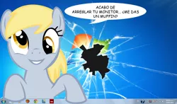 Size: 1700x1000 | Tagged: safe, artist:fizzyrox, artist:obtuselolcat, derpibooru import, edit, pegasus, pony, bust, female, fourth wall, mare, microsoft, solo, spanish, speech, talking, talking to viewer, translated in the description, windows, windows 7