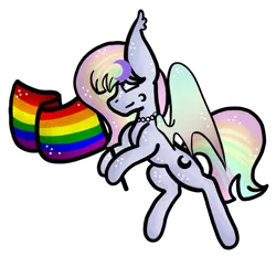 Size: 720x668 | Tagged: safe, artist:hunterthewastelander, derpibooru import, oc, unofficial characters only, bat pony, pony, bat pony oc, bat wings, commission, gay pride flag, jewelry, multicolored hair, necklace, pearl necklace, pride, pride flag, rainbow hair, simple background, solo, transparent background, wings, ych result