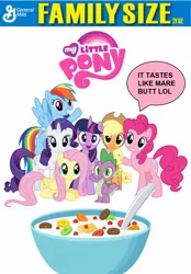 Size: 1040x1496 | Tagged: alicorn, applejack, box, butt, cereal, cover, derpibooru import, edit, fluttershy, food, mane seven, mane six, pinkie pie, plot, rainbow dash, rarity, spike, suggestive, twilight sparkle, twilight sparkle (alicorn)