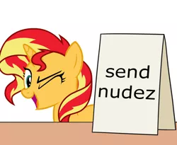 Size: 1100x900 | Tagged: safe, artist:mkogwheel, artist:nano23823, derpibooru import, edit, sunset shimmer, pony, unicorn, equestria girls, applejack's sign, female, mare, one eye closed, send nudes, sign, simple background, solo, text, transparent background, vector, we don't normally wear clothes, wink