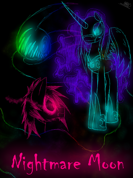 Size: 1200x1600 | Tagged: safe, artist:didun850, derpibooru import, nightmare moon, oc, oc:chase, alicorn, earth pony, pony, shadow pony, comic:ask chase the pony, comic, cover art, female, glowing eyes, hoof shoes, lineart, male, mare, sombra eyes, stallion