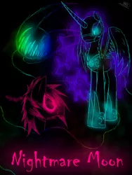 Size: 1200x1600 | Tagged: safe, artist:didun850, derpibooru import, nightmare moon, oc, oc:chase, alicorn, earth pony, pony, shadow pony, comic:ask chase the pony, comic, cover art, female, glowing eyes, hoof shoes, lineart, male, mare, sombra eyes, stallion