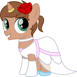 Size: 2495x2504 | Tagged: safe, artist:peternators, derpibooru import, oc, unofficial characters only, pony, unicorn, alternate hairstyle, clothes, colt, crossdressing, dress, flower, flower in hair, horn, horn ring, jewelry, male, requested art, ring, solo, wedding dress