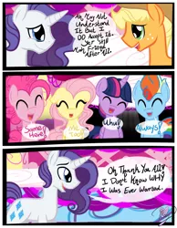 Size: 3500x4500 | Tagged: safe, artist:becauseimpink, derpibooru import, applejack, fluttershy, pinkie pie, rainbow dash, rarity, twilight sparkle, earth pony, pegasus, pony, unicorn, comic:transition, applejack (male), bubble berry, butterscotch, comic, dialogue, dusk shine, elusive, eyes closed, freckles, hat, male, mane six, rainbow blitz, rule 63, smiling, stallion, transgender