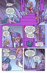 Size: 993x1528 | Tagged: safe, artist:tonyfleecs, derpibooru import, edit, idw, king diomedes, swift foot, terri belle, earth pony, pony, spoiler:comic, spoiler:comicfeatsoffriendship03, armor, beard, braid, braided tail, comic, facial hair, female, male, mare, preview, spear, speech bubble, stallion, thracian, throne, weapon