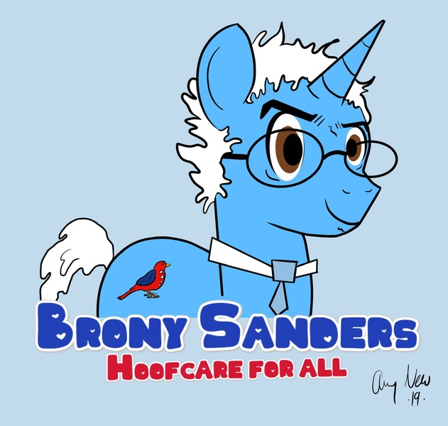 Size: 1818x1730 | Tagged: safe, artist:amynewblue, derpibooru import, ponified, pony, unicorn, bernie sanders, brony sanders, conan o'brien, democrat, glasses, gray background, hooves, joke, male, meme, necktie, politics, raised eyebrow, simple background, smiling, smirk, solo, stallion