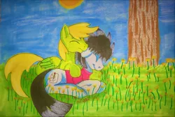 Size: 1432x963 | Tagged: safe, artist:neonraveparty, deleted from derpibooru, derpibooru import, oc, oc:haruka takahashi, oc:michael typhoon, earth pony, pegasus, art, colored pencil drawing, colored pencils, cutie mark, flower, grass, highlights, marker drawing, markers, oc x oc, pegasus wings, shade, shipping, sky, traditional art, tree, wings