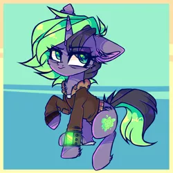 Size: 2200x2200 | Tagged: safe, artist:_spacemonkeyz_, derpibooru import, oc, oc:plasma burst, unofficial characters only, pony, unicorn, fallout equestria, bomber jacket, chest fluff, clothes, fallout, female, grumpy, jacket, mare, pipboy, pipbuck, simple background, solo