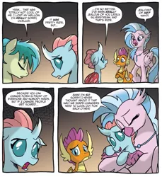 Size: 737x804 | Tagged: safe, artist:tonyfleecs, derpibooru import, idw, ocellus, sandbar, silverstream, smolder, changedling, changeling, classical hippogriff, dragon, earth pony, hippogriff, pony, spoiler:comic, spoiler:comicfeatsoffriendship03, cute, dialogue, diaocelles, diastreamies, exclamation point, eyes closed, hug, interrobang, open mouth, question mark, sad, smiling, speech bubble, teenaged dragon, teenager