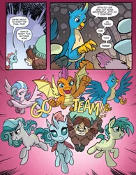 Size: 765x982 | Tagged: safe, artist:tonyfleecs, derpibooru import, idw, gallus, ocellus, sandbar, silverstream, smolder, swift foot, yona, changedling, changeling, classical hippogriff, dragon, earth pony, gryphon, hippogriff, pony, yak, spoiler:comic, spoiler:comicfeatsoffriendship03, dialogue, flying, open mouth, smiling, speech bubble, student six, teenaged dragon, teenager, thracian