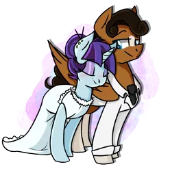 Size: 1961x1977 | Tagged: safe, artist:modularpon, artist:themodpony, deleted from derpibooru, derpibooru import, oc, oc:killi thaum, oc:trig silver, unofficial characters only, pegasus, pony, unicorn, clothes, couple, dress, duo, formal dress, formal wear, makeup, simple background, transparent background, wedding dress