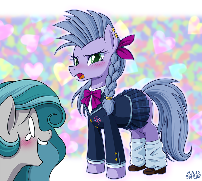 Size: 1000x895 | Tagged: safe, alternate version, artist:uotapo, derpibooru import, idw, swift foot, terri belle, earth pony, pony, spoiler:comic, spoiler:comicfeatsoffriendship03, blushing, clothes, ear piercing, open mouth, piercing, school uniform, thracian, tsundere