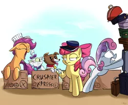 Size: 2200x1800 | Tagged: safe, artist:rocket-lawnchair, derpibooru import, apple bloom, opalescence, scootaloo, sweetie belle, winona, cat, dog, earth pony, pegasus, pony, unicorn, cardboard box, cutie mark crusaders, female, filly, hat, luggage, shrunken pupils, this will end in pain, this will end in tears and/or death and/or covered in tree sap
