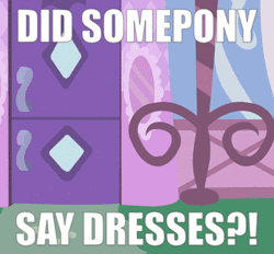 Size: 332x308 | Tagged: animated, artist:agrol, caption, cropped, derpibooru import, door, edit, excited, exclamation point, gif, image macro, interrobang, question, question mark, rarity, safe, solo, text, that pony sure does love dresses