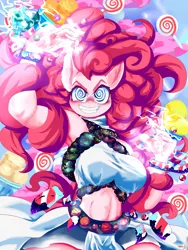 Size: 2024x2698 | Tagged: anime, anime style, anthro, armpits, artist:velcius, bell, belly button, breasts, busty pinkie pie, candy, chaos, chaos pinkie, derpibooru import, food, grin, grogar's bell, lollipop, pinkie pie, safe, smiling, solo, swirly eyes, the ending of the end, xk-class end-of-the-universe scenario, xk-class end-of-the-world scenario