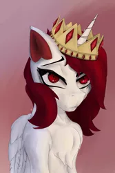 Size: 2000x3000 | Tagged: safe, artist:littlepony115, derpibooru import, oc, oc:atomic discharge, alicorn, pony, abstract background, alicorn oc, bored, bust, chest fluff, commission, crown, ear fluff, female, gemstones, horn, jewelry, mare, red eyes, red mane, regalia, shoulder fluff, solo, white coat, wings