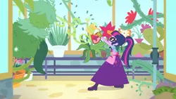 Size: 1364x768 | Tagged: safe, artist:starman1999, derpibooru import, edit, edited screencap, screencap, sci-twi, twilight sparkle, equestria girls, equestria girls series, my little shop of horrors, apron, boots, cactus, celestia's house, clothes, flower, gloves, long skirt, plants, ponytail, shoes, skirt, solo, watering can