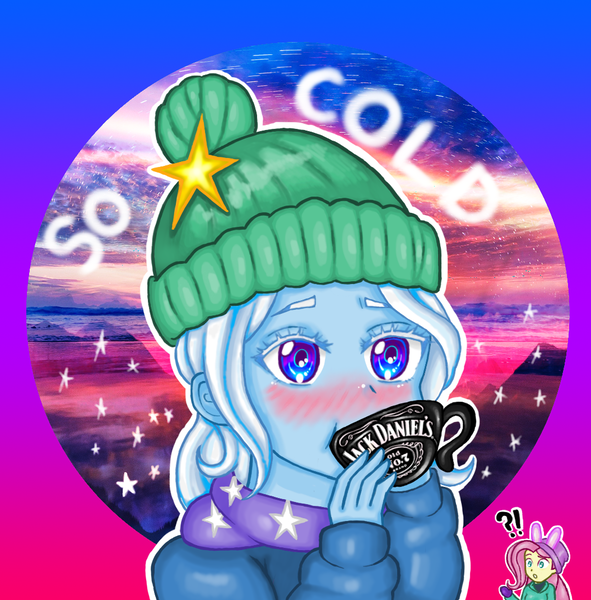 Size: 1055x1071 | Tagged: safe, artist:starwantrix, derpibooru import, fluttershy, trixie, equestria girls, equestria girls series, holidays unwrapped, spoiler:eqg series (season 2), alcohol, blushing, cap, clothes, cold, cup, drunk, drunk trixie, female, hat, jack daniel's, saving pinkie's pie, stars, surprised, teacup, the great and alcoholics trixie, whiskey, wingding eyes, winter hat, winter outfit