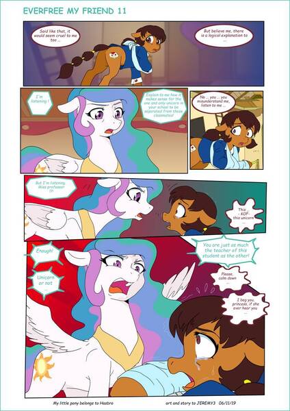 Size: 752x1063 | Tagged: safe, artist:jeremy3, derpibooru import, princess celestia, oc, oc:miss becky, alicorn, earth pony, pony, comic:everfree, comic:everfree my friend, cast, clothes, comic, crying, school