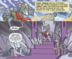 Size: 1347x1109 | Tagged: safe, artist:tonyfleecs, derpibooru import, edit, idw, king diomedes, king thrace, swift foot, terri belle, earth pony, windigo, spoiler:comic, spoiler:comicfeatsoffriendship02, spoiler:comicfeatsoffriendship03, armor, comic, father and child, father and daughter, female, implied immortality, male, royal guard armor, siblings, sisters, spear, thrace, throne, weapon