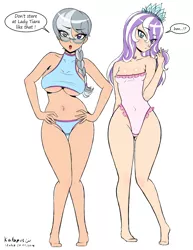 Size: 1930x2500 | Tagged: artist:katanis, bicolor swimsuit, bikini, blue swimsuit, blushing, breasts, busty silver spoon, clothes, derpibooru import, diamond tiara, frilled swimsuit, hair over one eye, human, humanized, light skin, looking at you, older, older diamond tiara, older silver spoon, pink swimsuit, pinup, silver spoon, sketch, suggestive, swimsuit, underboob