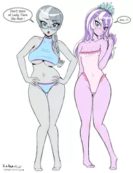 Size: 1930x2500 | Tagged: suggestive, alternate version, artist:katanis, derpibooru import, diamond tiara, silver spoon, equestria girls, bicolor swimsuit, bikini, blue swimsuit, blushing, breasts, busty silver spoon, clothes, frilled swimsuit, hair over one eye, looking at you, older, older diamond tiara, older silver spoon, pink swimsuit, pinup, sketch, swimsuit, underboob