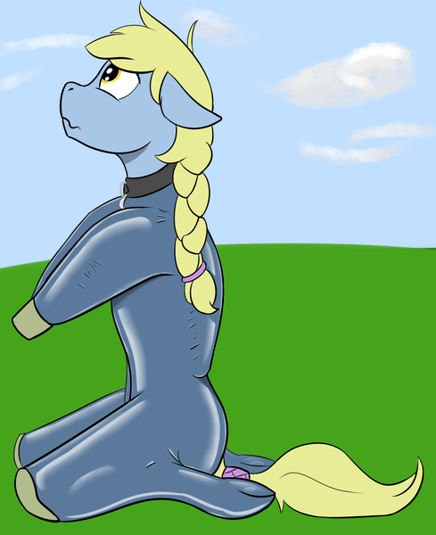 Size: 1044x1280 | Tagged: anthro, artist:barhandar, bdsm, bitchsuit, bondage, bound wings, braid, charm, collar, derpibooru import, kneeling, latex, latex suit, looking up, male, oc, oc:windswept skies, outdoors, pegasus, pet play, questionable, solo, tail wrap, unguligrade anthro, unofficial characters only, wings, worried