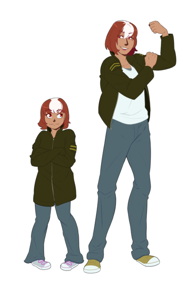 Size: 2734x4191 | Tagged: age difference, artist:mylittlesheepy, child, clothes, derpibooru import, fallout equestria, female, flexing, grin, human, humanized, jacket, looking up, oc, oc:roulette, older, safe, smiling, unofficial characters only, younger