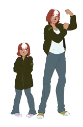 Size: 2734x4191 | Tagged: age difference, artist:mylittlesheepy, child, clothes, derpibooru import, fallout equestria, female, flexing, grin, human, humanized, jacket, looking up, oc, oc:roulette, older, safe, smiling, unofficial characters only, younger