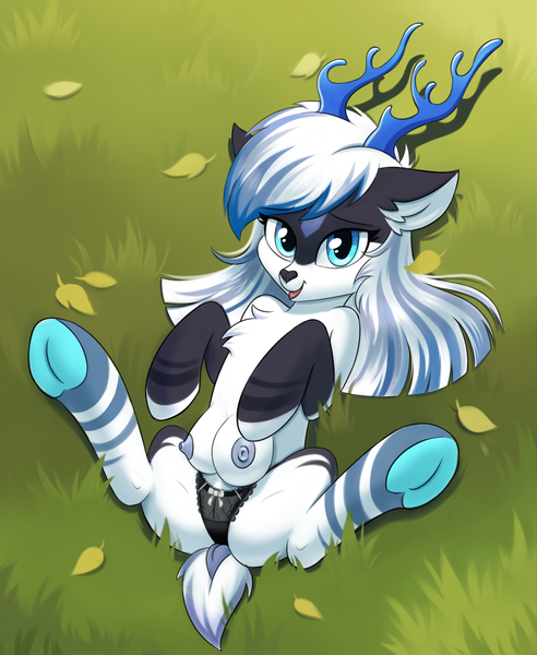 Size: 1134x1382 | Tagged: questionable, artist:kyrgyzpopstar, derpibooru import, oc, unofficial characters only, deer, deer pony, original species, pony, black underwear, chest fluff, clothes, crotchboobs, cute, ear fluff, female, frilly underwear, frog (hoof), grass, hoofbutt, horns, nipples, nudity, panties, presenting, ribbon, solo, solo female, spread legs, spreading, underhoof, underwear