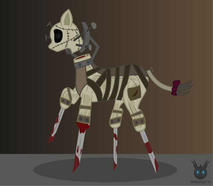 Size: 1418x1241 | Tagged: grimdark, artist:wheatley r.h., derpibooru import, earth pony, pony, blood, image, jpeg, monster, nail, nightmare fuel, one hoof raised, simple background, slayer, solo, stitches, the suffering, vector, watermark