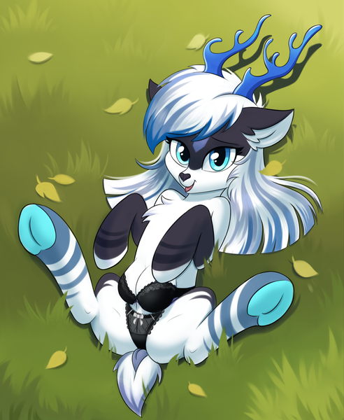 Size: 1134x1382 | Tagged: suggestive, alternate version, artist:kyrgyzpopstar, derpibooru import, oc, unofficial characters only, deer, deer pony, original species, pony, black underwear, bra, chest fluff, clothes, crotchboobs, crotchbra, cute, ear fluff, female, frilly underwear, grass, horns, nudity, panties, presenting, ribbon, solo, solo female, spread legs, spreading, underwear