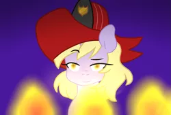 Size: 1089x734 | Tagged: safe, artist:missxxfofa123, derpibooru import, dinky hooves, pony, unicorn, female, filly, fire, firefighter, firefighter dinky hooves, firefighter helmet, hat, helmet, raised eyebrow, solo