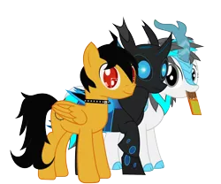 Size: 2076x1726 | Tagged: safe, artist:wheatley r.h., derpibooru import, oc, oc:blizzard flare, oc:rito, oc:w. rhinestone eyes, unofficial characters only, changeling, kirin, pegasus, pony, 2020 community collab, derpibooru community collaboration, automata, bat wings, blue changeling, changeling oc, chocolate bar, choker, female, gray eyes, horn, kirin oc, male, mare, messy tail, one hoof raised, pegasus oc, pegasus wings, red eyes, simple background, spiked choker, stallion, transparent background, two toned mane, vector, wings