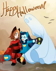 Size: 1280x1621 | Tagged: safe, artist:askmylastunicorn, derpibooru import, oc, oc:comet, oc:dolly dusk, bat, ghost, undead, equestria girls, adorabat, bedsheet ghost, candy pail, clothes, costume, ghost costume, halloween, halloween costume, holiday, mao mao: heroes of pure heart, offspring, parent:chancellor neighsay, parent:sonata dusk, trick or treating