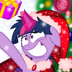 Size: 1000x1000 | Tagged: safe, artist:cloudyglow, artist:katya, derpibooru import, twilight sparkle, twilight sparkle (alicorn), alicorn, pony, christmas, christmas tree, floppy ears, happy, hat, holiday, messy mane, new year, present, santa hat, snow, solo, tree, twilight snapple