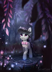 Size: 1455x2000 | Tagged: safe, artist:inowiseei, derpibooru import, octavia melody, earth pony, pony, bowtie, commission, digital art, ear fluff, female, forest, leaf, looking up, mare, outdoors, plant, raised hoof, relaxing, smiling, solo, water