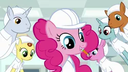 Size: 1920x1080 | Tagged: safe, derpibooru import, screencap, lavender flask, lemon honey, pinkie pie, platinum cure, unnamed character, unnamed pony, earth pony, pony, unicorn, the last laugh, background pony, clothes, female, freckles, hair net, hard hat, lab coat, male, mare, mouth hold, pencil, stallion