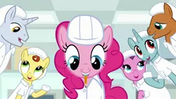 Size: 1920x1080 | Tagged: safe, derpibooru import, screencap, lavender flask, lemon honey, pinkie pie, platinum cure, unnamed character, unnamed pony, earth pony, pony, unicorn, the last laugh, background pony, clothes, female, hard hat, lab coat, male, mare, mouth hold, pencil, stallion