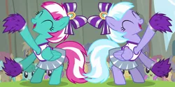 Size: 1260x630 | Tagged: safe, derpibooru import, screencap, lilac sky, spring step, sunlight spring, pegasus, pony, rainbow falls, audience, background pony, bow, cheerleader, cheerleader outfit, clothes, cropped, cute, eyes closed, female, folded wings, male, open mouth, pom pom, skirt, wings