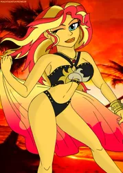 Size: 757x1055 | Tagged: suggestive, artist:malevolentsamson, derpibooru import, sunset shimmer, equestria girls, equestria girls series, forgotten friendship, belly button, big breasts, bikini, bikini babe, breasts, busty sunset shimmer, clothes, female, lipstick, looking at you, older, one eye closed, sexy, solo, solo female, stupid sexy sunset shimmer, swimsuit, wink