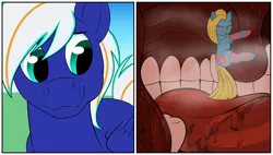 Size: 2100x1190 | Tagged: suggestive, artist:swiftsketchpone, derpibooru import, oc, oc:cuteamena, oc:electric blue, unofficial characters only, earth pony, pegasus, pony, clothes, electricute, fetish, hug, mawshot, micro, mouth cam, oc x oc, open mouth, salivating, shipping, size difference, slimy, socks, striped socks, taste buds, teeth, uvula, uvula hug, vore