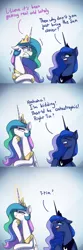 Size: 1024x3072 | Tagged: safe, artist:anticular, derpibooru import, princess celestia, princess luna, alicorn, pony, ask sunshine and moonbeams, comic, dialogue, duo, female, hoof on chin, mare, open mouth, profile, royal sisters, siblings, sisters, sweat, thinking, this will end in death, this will end in incineration, this will end in tears, this will end in tears and/or death