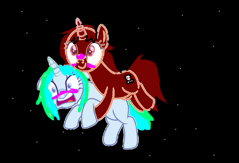 Size: 1081x739 | Tagged: safe, derpibooru import, oc, unofficial characters only, pony, unicorn, 1000 hours in ms paint, base used, duo, skull cutie mark, space, space background