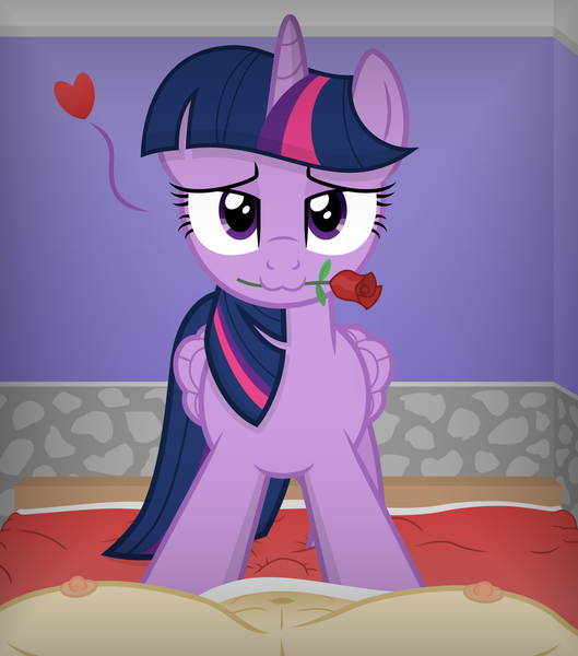 Size: 3000x3400 | Tagged: suggestive, alternate version, artist:devfield, derpibooru import, twilight sparkle, twilight sparkle (alicorn), alicorn, human, pony, :3, abs, bedroom, bedroom eyes, bedsheets, belly button, catface, crotch bulge, female, floating heart, flower, flower in mouth, heart, high res, human male, human on pony action, imminent sex, implied straight, indoors, interspecies, looking at you, male, male pov, mare, mouth hold, nipples, nudity, offscreen character, pinned, pinned down, pov, rose, rose in mouth, shading, shadow, show accurate, smiling, stone, stupid sexy twilight, submissive pov, vector, vignette, wings, wood