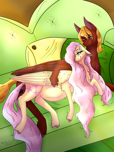 Size: 1200x1600 | Tagged: safe, artist:shimmer-fox, derpibooru import, fluttershy, oc, oc:soul harmony, pegasus, pony, canon x oc, couch, dock, female, looking at belly, male, mare, preggoshy, pregnant, shipping, soulshy, stallion, straight, unshorn fetlocks