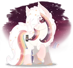 Size: 2100x1985 | Tagged: safe, artist:amgiwolf, derpibooru import, oc, oc:ayaka, ponified, earth pony, pony, alternate design, chest fluff, colored hooves, ear fluff, eye clipping through hair, female, mare, one eye closed, one hoof raised, rainbow tail, simple background, solo, species swap, stars, transparent background