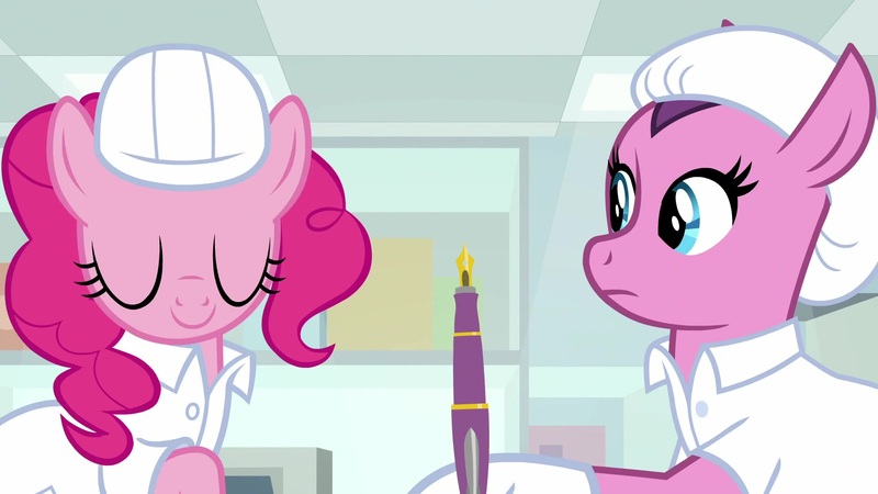 Size: 1920x1080 | Tagged: safe, derpibooru import, screencap, lavender flask, pinkie pie, pony, the last laugh, clothes, fountain pen, hard hat, lab coat