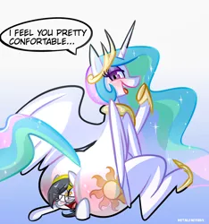 Size: 3000x3200 | Tagged: suggestive, artist:metalface069, derpibooru import, princess celestia, oc, oc:zealous stripes, alicorn, earth pony, pony, butt, commission, engrish, ethereal mane, glasses, hoof shoes, noblewoman's laugh, sitting on, sitting on person, sitting on pony, speech, starry mane, sunbutt, talking, ych result